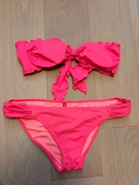Victoria's Secret Neon Coral Pink Ruffle Bandeau Bikini
